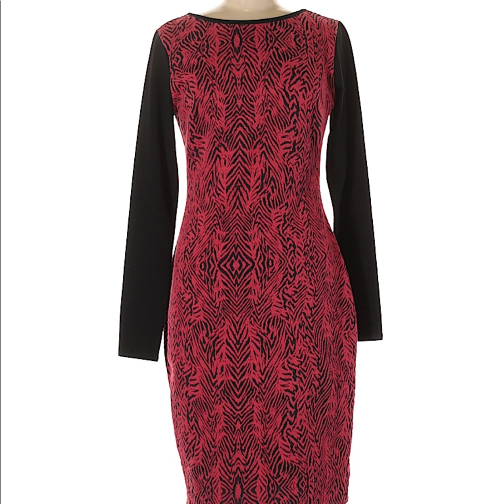 Red Nicole Miller Geometric Print Bodycon Dress With Contrast Sleeves